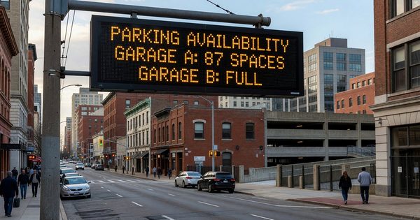 Variable message parking guidance sign showing available spaces in a downtown urban garage district