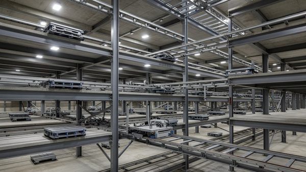 Interior of a modern automated parking structure showing robotic pallet carriers and multi-level storage racks
