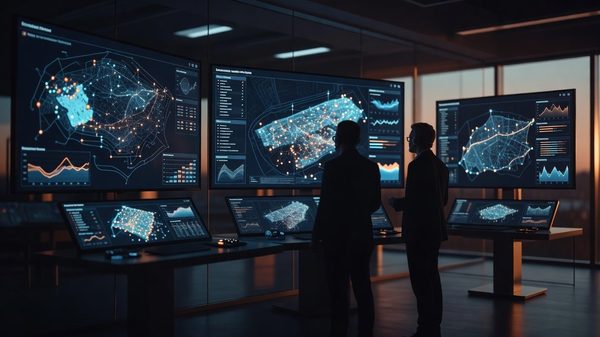 Smart-city parking operations control room with large dashboards showing a city map and connected parking data