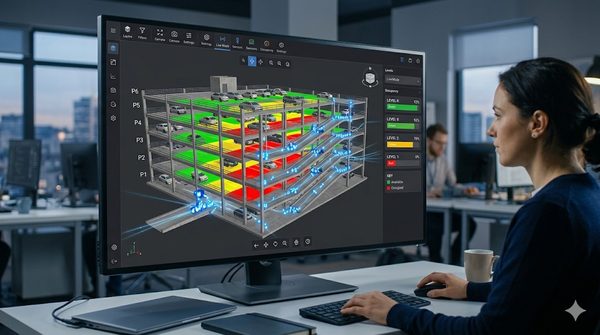 3D digital twin model of a parking structure displayed on a monitor with real-time sensor overlays