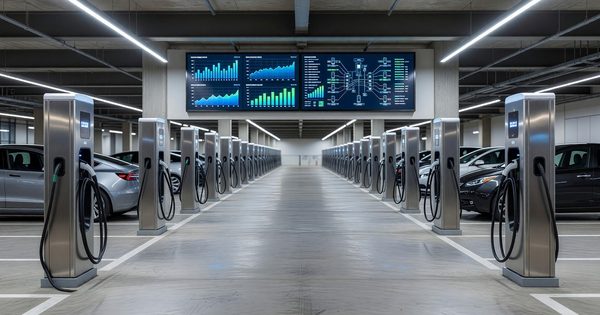 Modern parking garage with rows of EV charging stations connected to a smart grid energy management system display