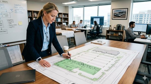 Fleet manager reviewing electrification plan with parking facility layout and charging zones