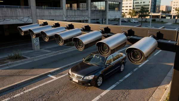 Overhead camera array at a parking facility entrance capturing vehicle license plates for automated recognition