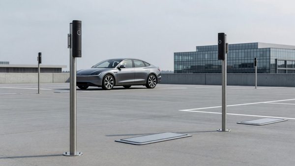 Aerial view of a modern parking structure with EV charging stations and electric vehicles plugged in