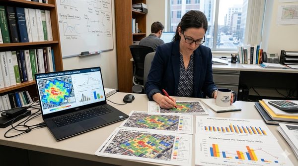 Researcher reviewing parking utilization heat maps and occupancy data on a desktop workstation