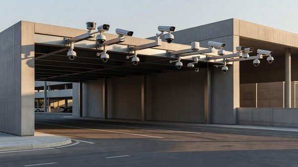 Modern parking structure entrance with overhead camera arrays and digital signage, no visible human attendants