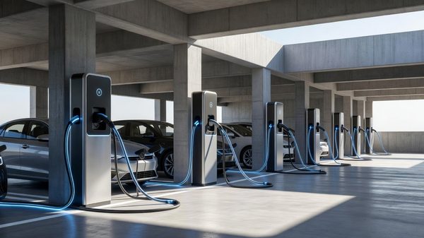 EV charging stations in a parking facility with power flow indicators suggesting bidirectional energy transfer