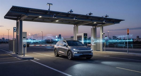 Connected vehicle approaching smart parking facility with V2X signal visualization